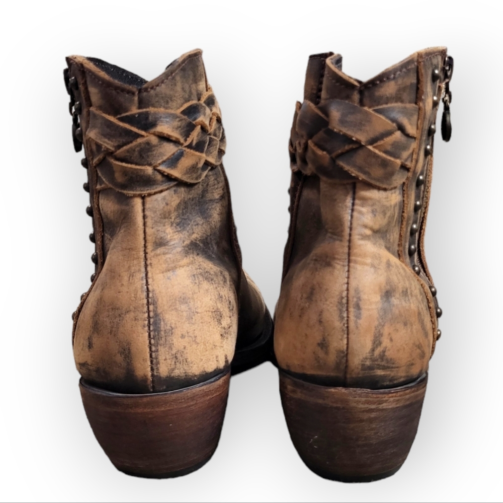 LIBERTY BLACK Distressed Brown Leather Studded Ankle Boots with Braided Strap 8 - Picture 6 of 11